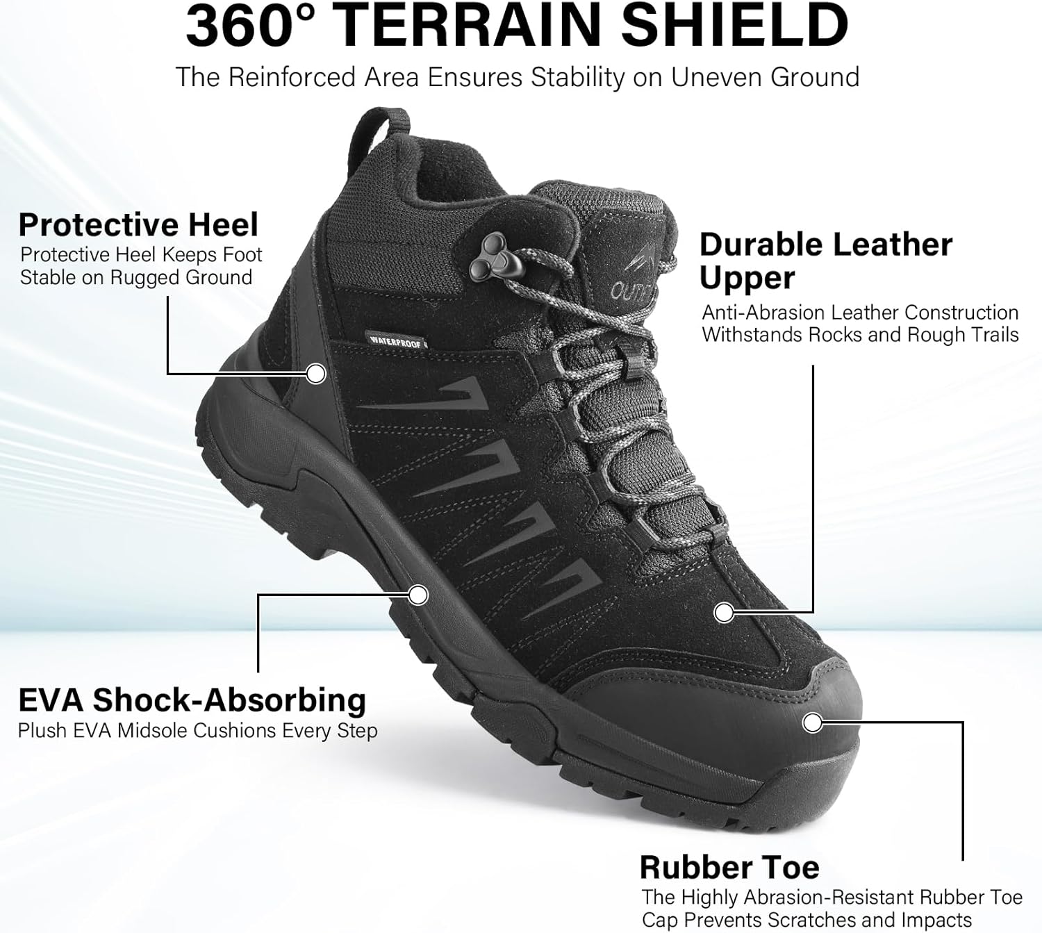 Detalle de OUTJET Men's Waterproof Hiking Boots: Lightweight, Durable Leather Mid Ankle Boots