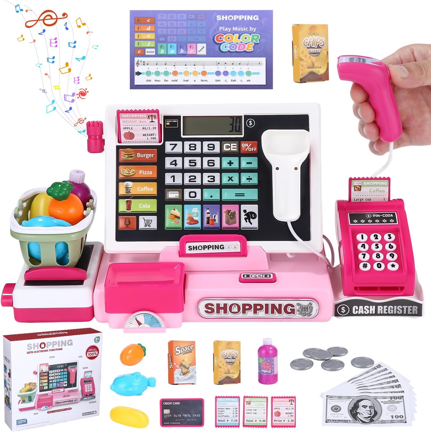 Detalle de heuchaey 818-398M speelgoedkassa met rekenmachine, scanner en supermarktaccessoires