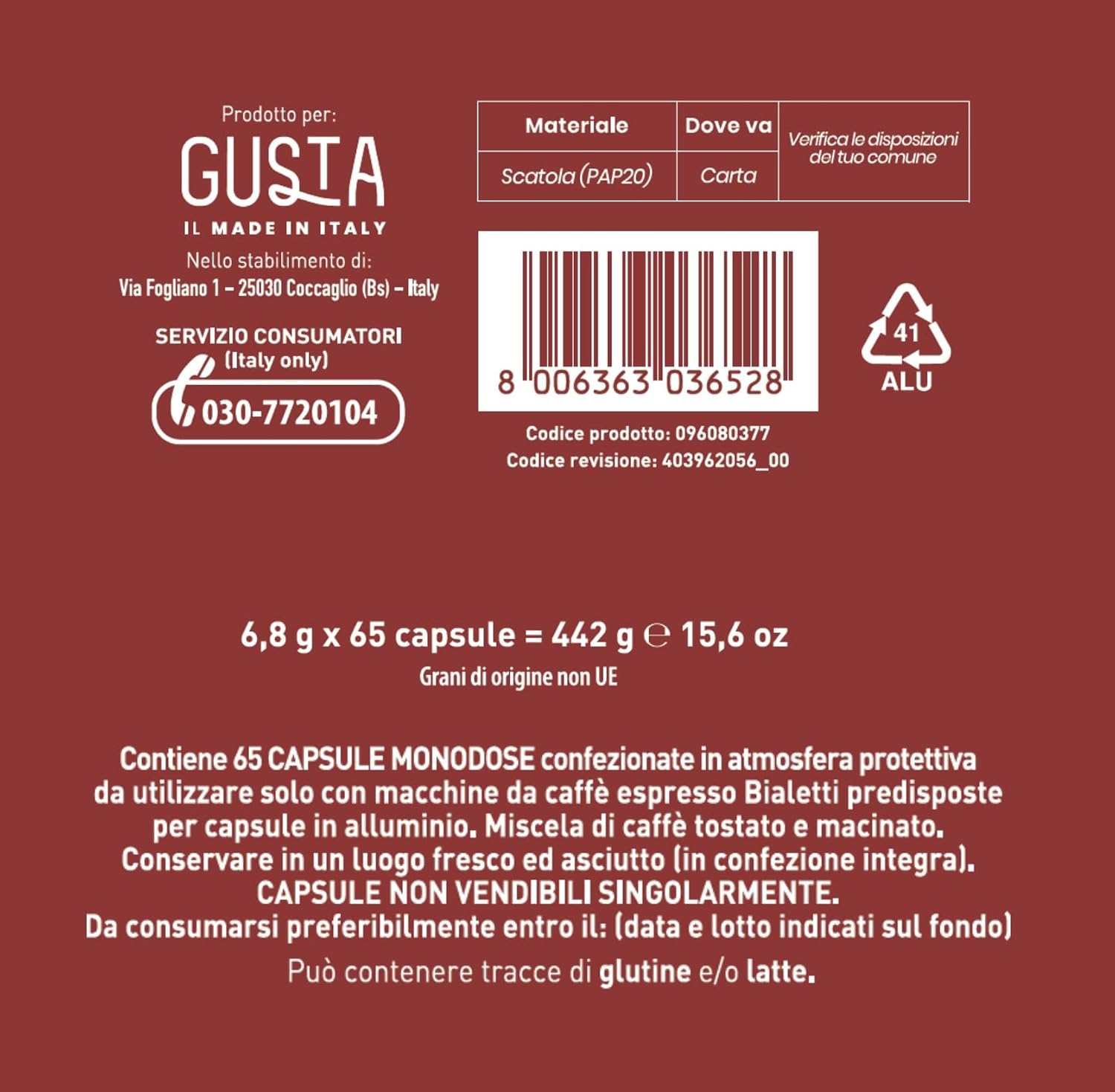 Detalle de Gusta Compatibili Bialetti in Alluminio, Gusto Intenso – Box da 65 capsule, Intensità 10