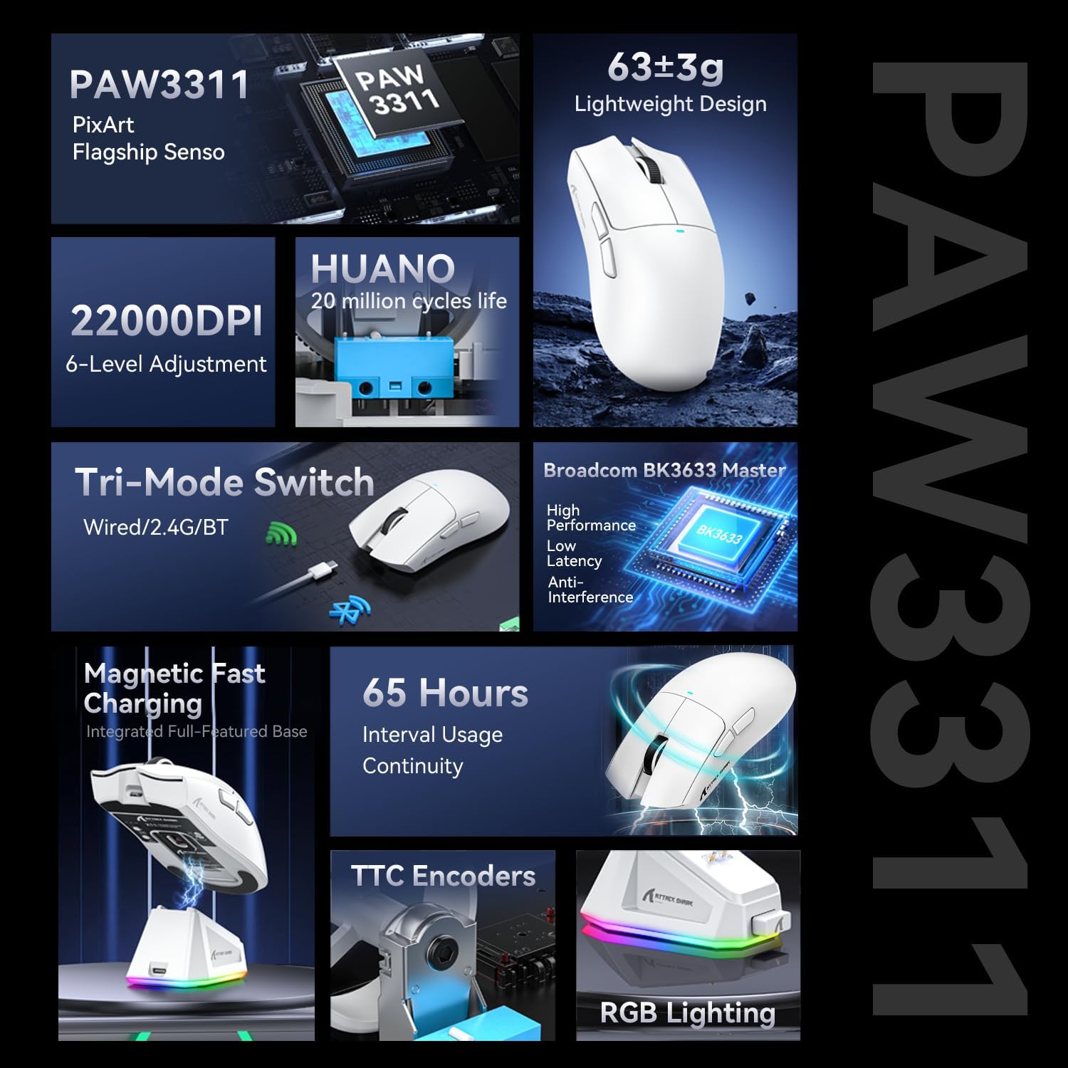 Thumbnail 2 de ATTACK SHARK X11 gaming mouse with magnetic charging dock (22,000 DPI) – 2.4G/Bluetooth/wired, 63g (White)