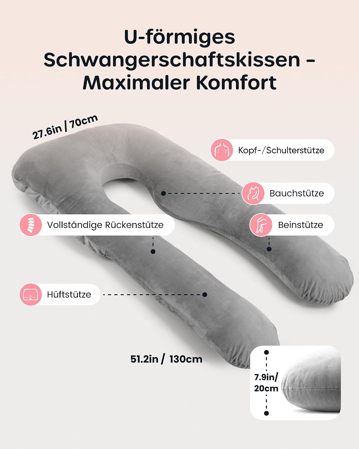 Thumbnail 1 de Nuliie Schwangerschaftskissen U-Form – Komplettunterstützendes Kissen mit waschbarem Bezug (Grau)