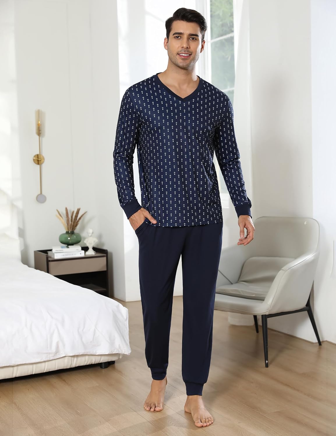 Thumbnail 1 de Bresdk Pyjama Homme Coton Hiver Chaud Rayures Bleues Marine