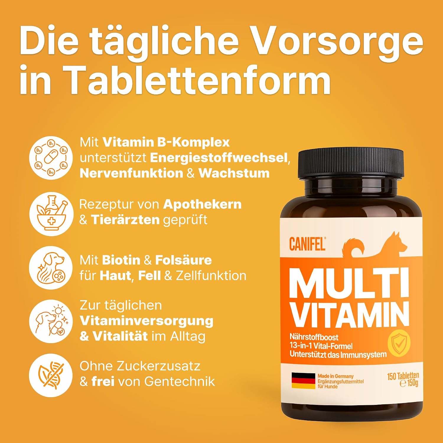 Detalle de Vitamine für Hunde – Canifel Multivitamin mit Vitamin B Komplex, Biotin & mehr (150 Tabletten) – Made in Germany