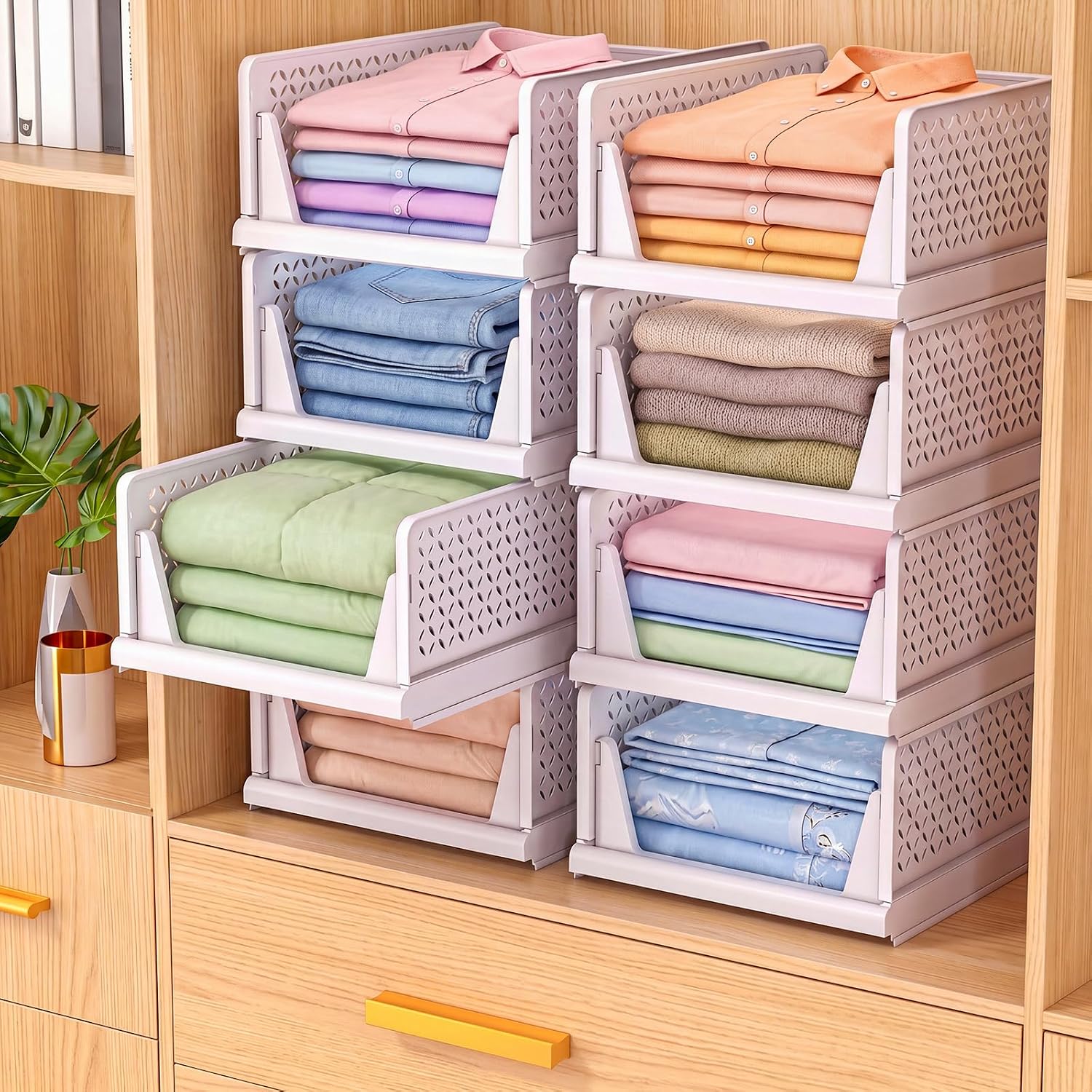 Detalle 2 de NestOrganix 1 Stackable Closet Organizers, 4-Pack Foldable White Bins