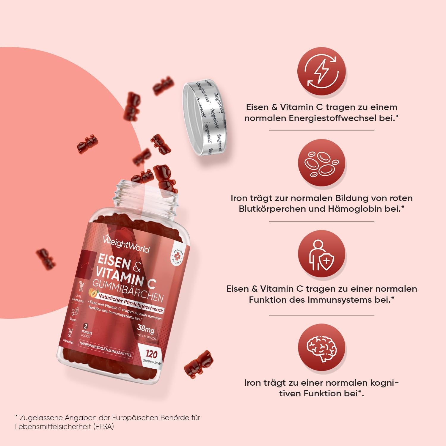Detalle 2 de WeightWorld Eisen & Vitamin C Gummibärchen – 120 Gummies, 2 Monate Vorrat