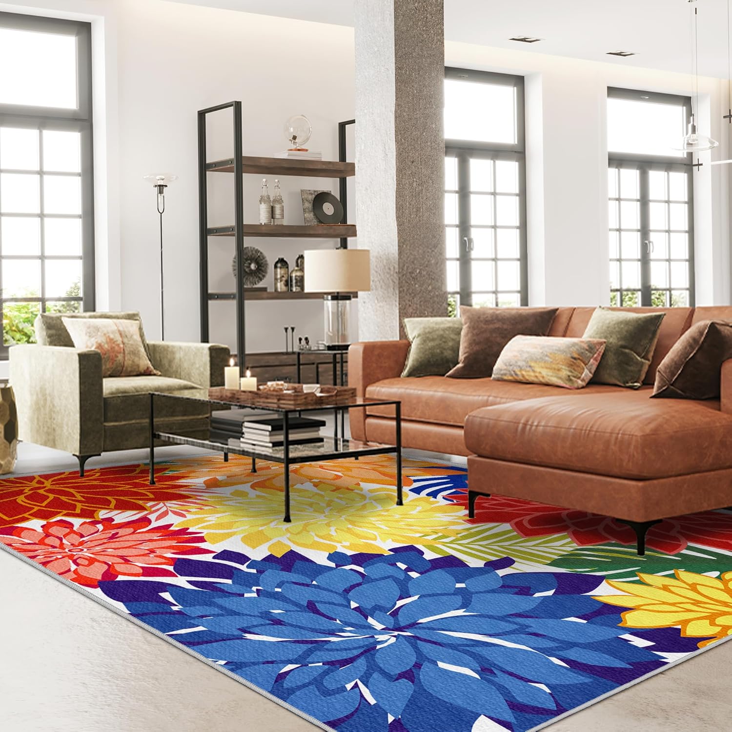 Thumbnail 1 de Colorful 9x12 Outdoor Area Rug: Multicolor Floral Chenille, Washable & Non-Slip