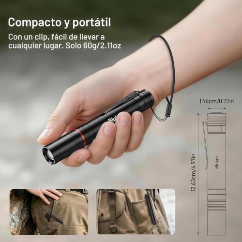 Detalle de Blukar Mini Linterna LED Recargable: linterna bolígrafo super brillante y compacta