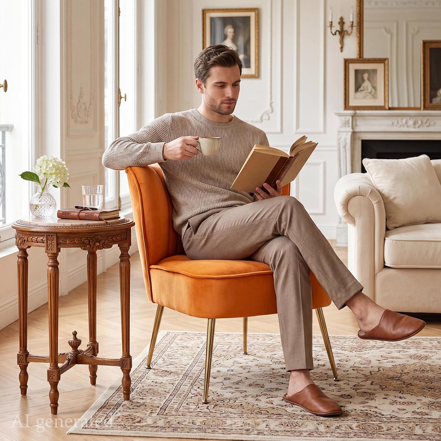 Detalle de chairus set van 2 fluwelen fauteuils, oranje, met gouden poten