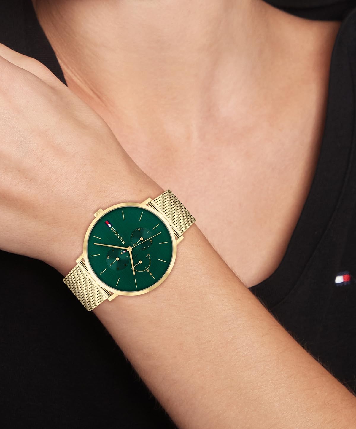 Detalle de Tommy Hilfiger Damen Multifunktions-Quarz-Uhr mit Grünem Zifferblatt – Leder- oder Edelstahlarmband