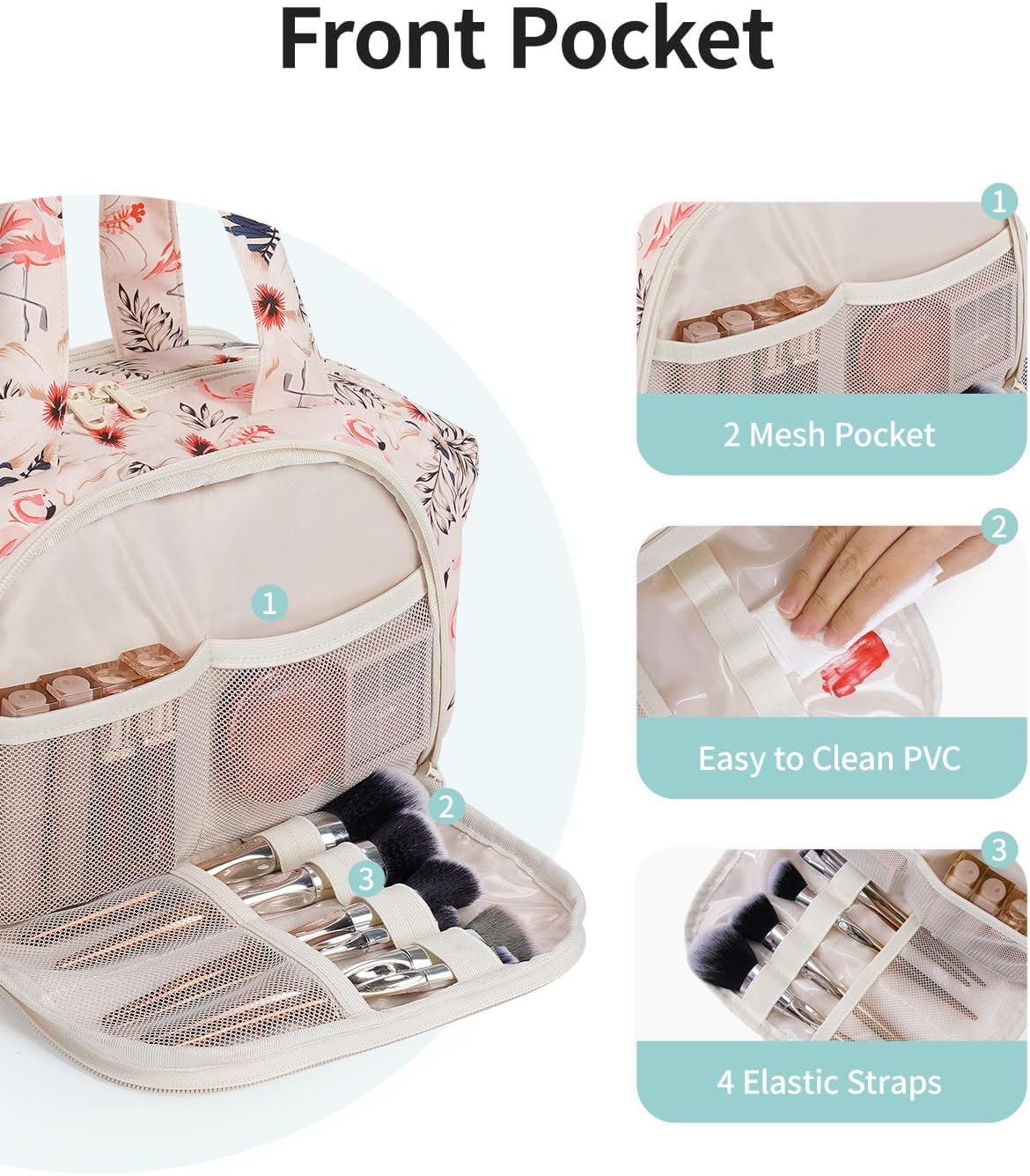 Detalle de Narwey Groß Kosmetiktasche Beige Flamingo – Kulturbeutel Reise Organizer