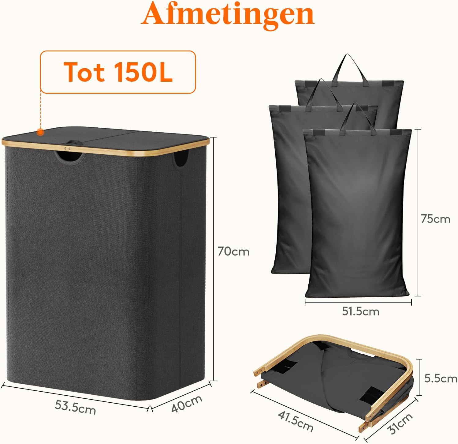 Detalle 2 de Lifewit 23156 wasmand 150 liter met 3 vakken, bamboe frame en deksel