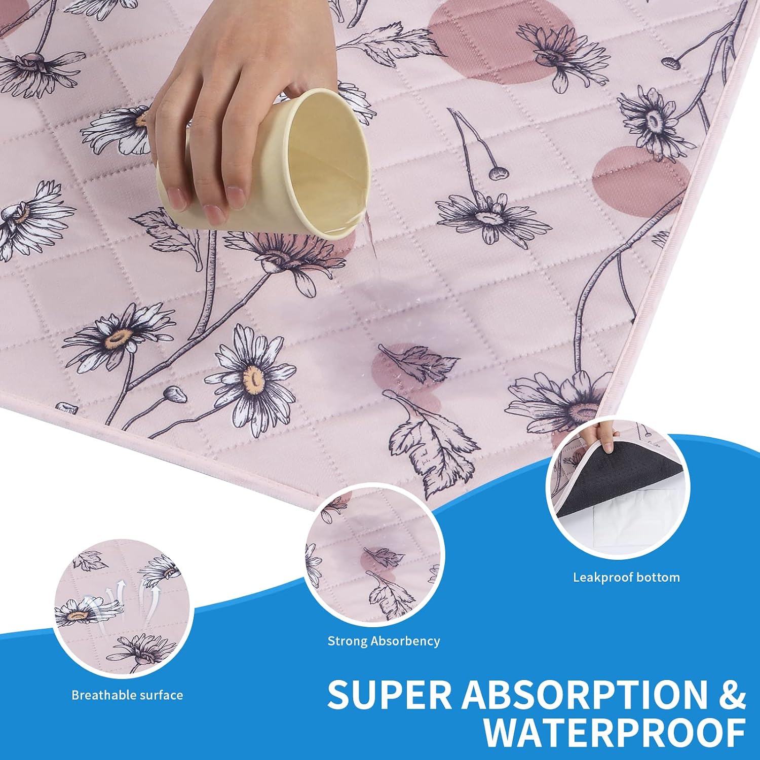 Thumbnail 4 de IEUUMLER 2–Paar waschbare Welpenunterlagen 60×60 cm, rosa Gänseblümchen –Mehrlagig, wiederverwendbar & absorbierend