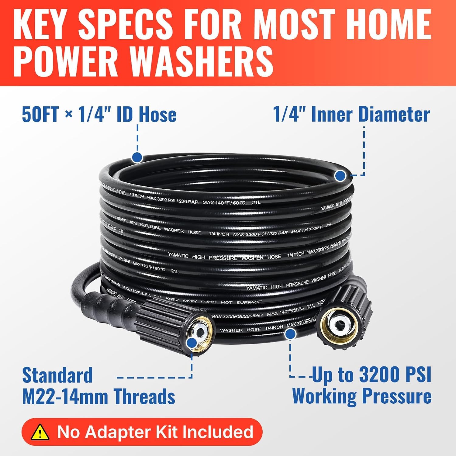 Thumbnail 2 de YAMATIC Pressure Washer Hose, 50 ft x 1/4 in, 3,200 PSI, M22-14mm