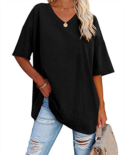 Detalle de Ebifin T-Shirt Oversize pour Femme à Col V – Noir, XXL