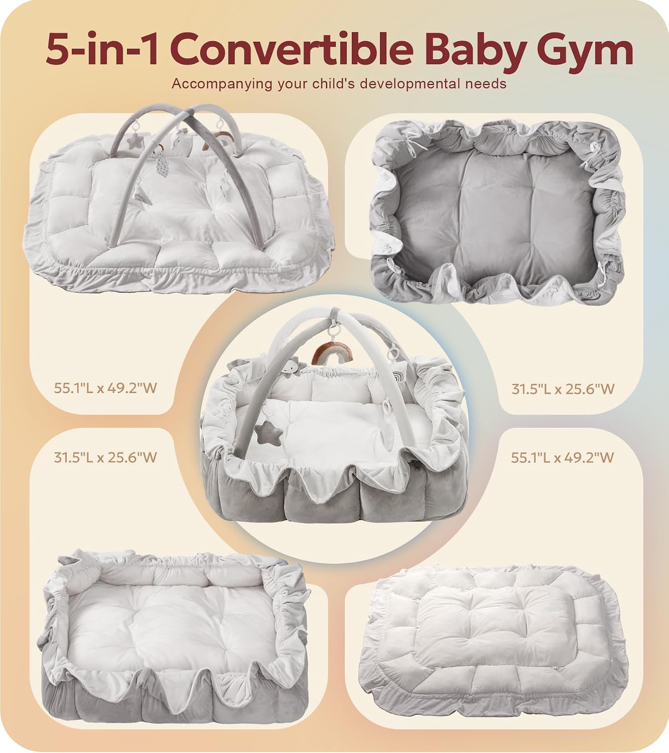 Detalle de Mallify 5-in-1 Plush Baby Play Gym (Convertible Activity Center) in Gray