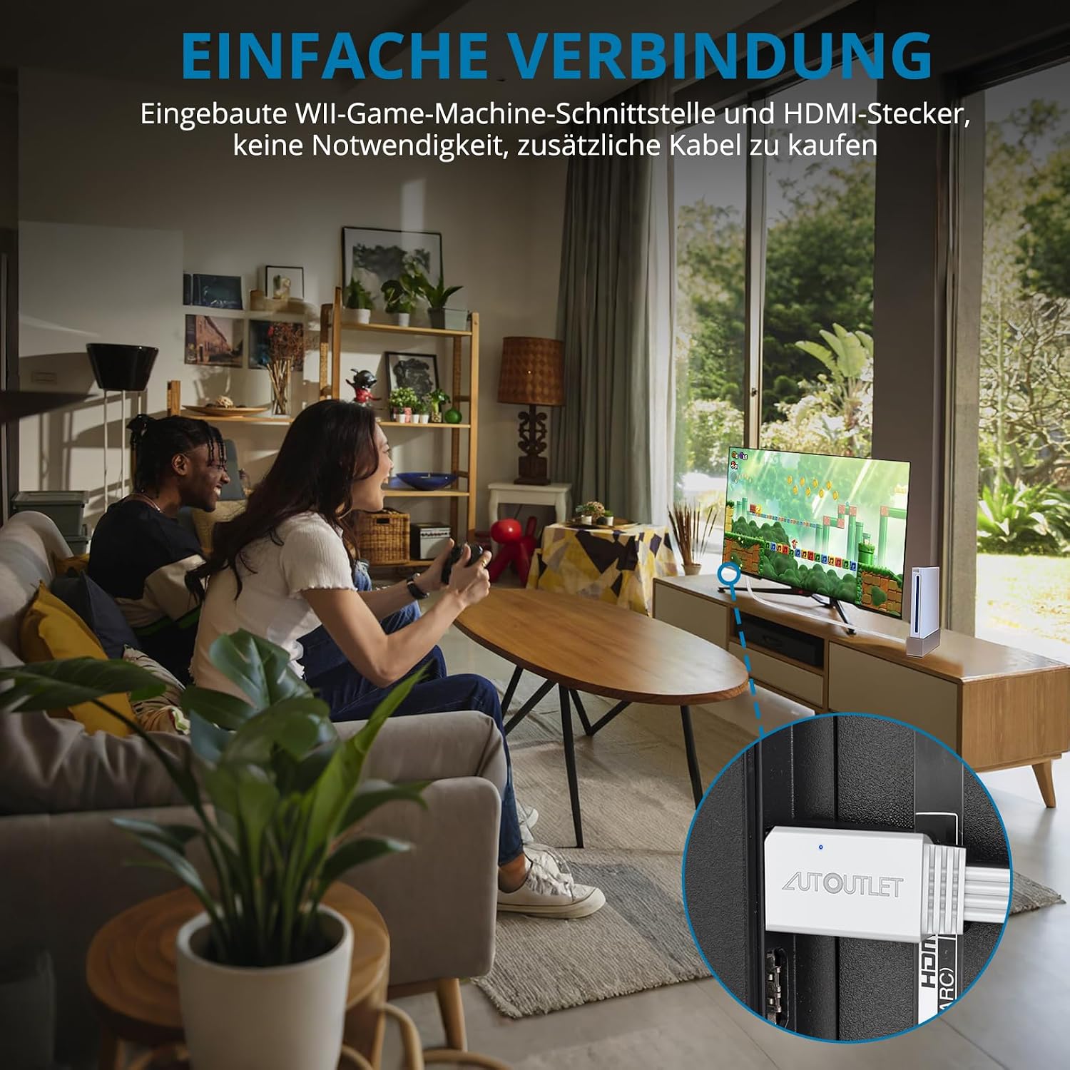 Detalle de AUTOUTLET Wii HDMI Adapter – Plug and Play Konverter für 720p/1080p mit integriertem 120 cm Kabel