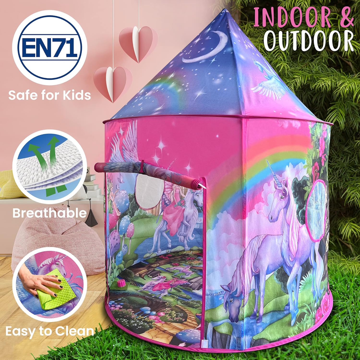 Detalle de W&O Unicorn Sparkle Play Tent with Magical Unicorn Sounds — pop-up play tent for indoor & outdoor play