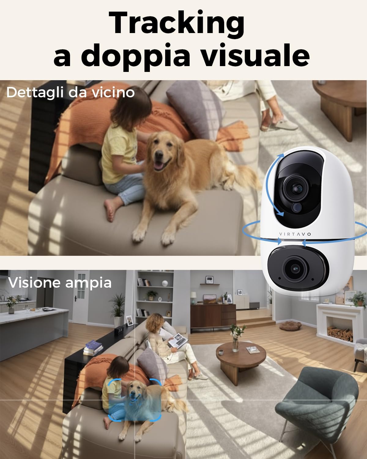 Detalle de VIRTAVO XD1: Telecamera WiFi interno a doppio obiettivo per sorveglianza domestica 360°