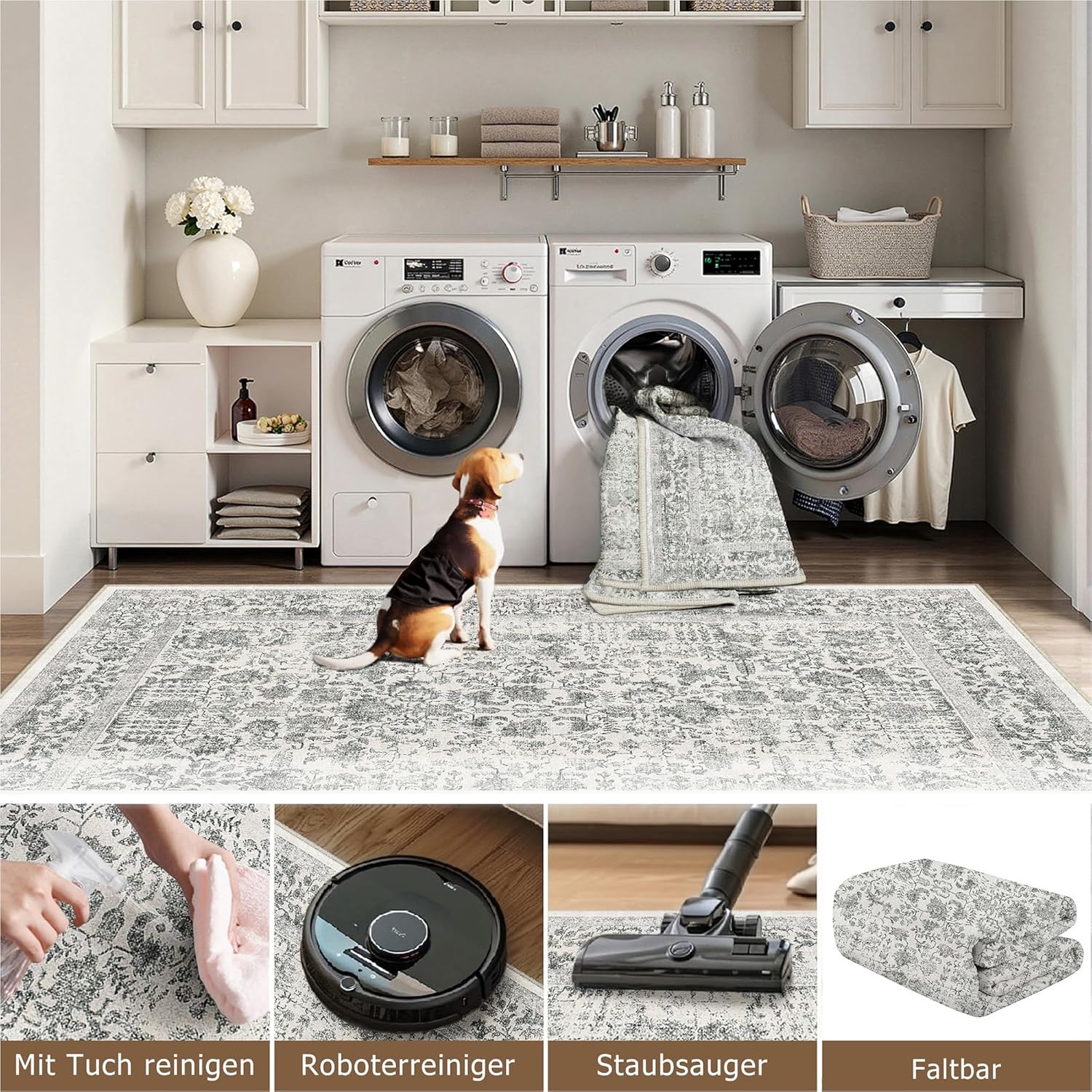 Detalle 2 de HUGEAR Vintage Black Rug 240x300cm — Non-Slip, Washable Area Carpet for Living Rooms & More
