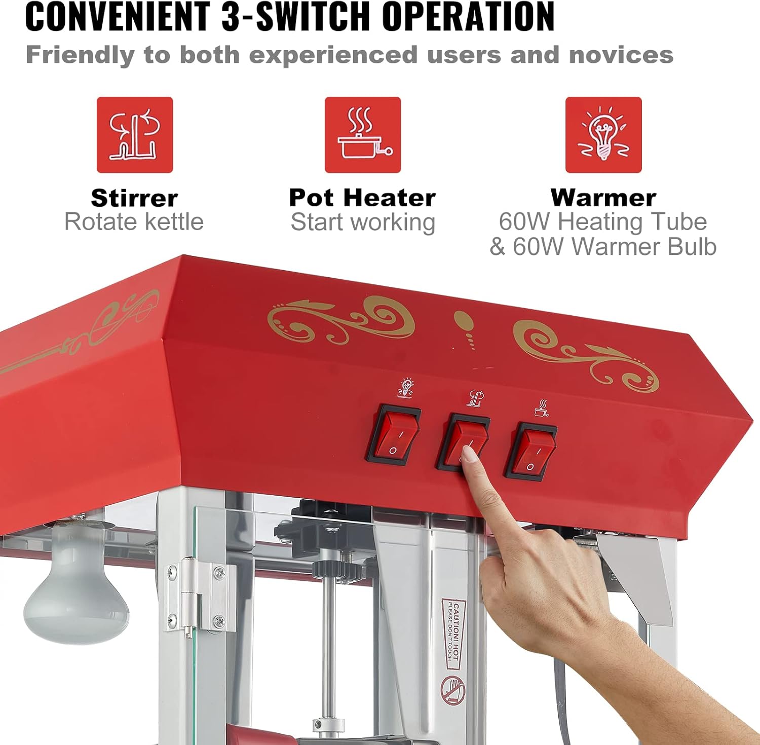 Detalle de VEVOR Machine à Pop Corn avec Chariot – Électrique 850 W, Grand Bol 227 g, 48 Tasses, Verre Trempé, ROUGE