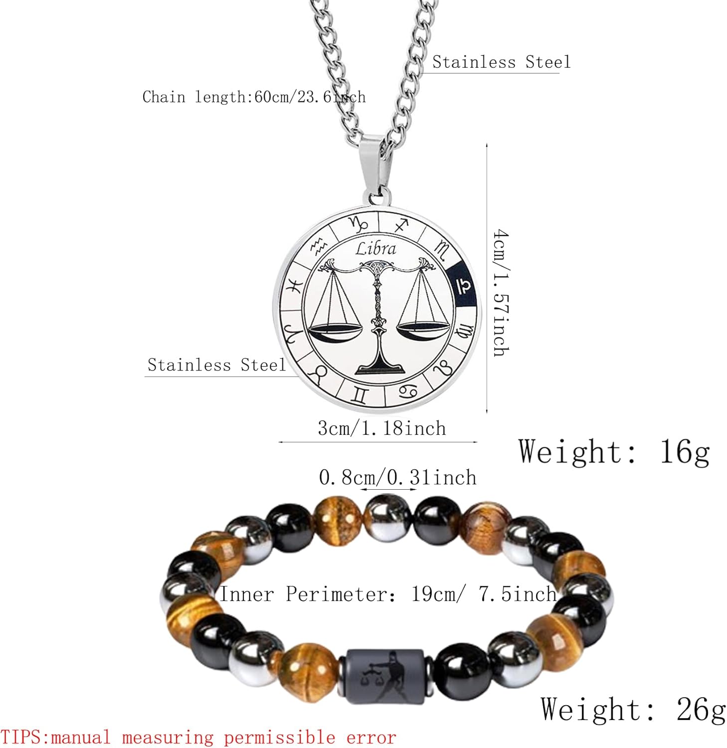 Thumbnail 1 de Sternzeichen-Schmuck-Set für Herren von Caimeytie: Halskette aus Edelstahl + Armband mit Perlen
