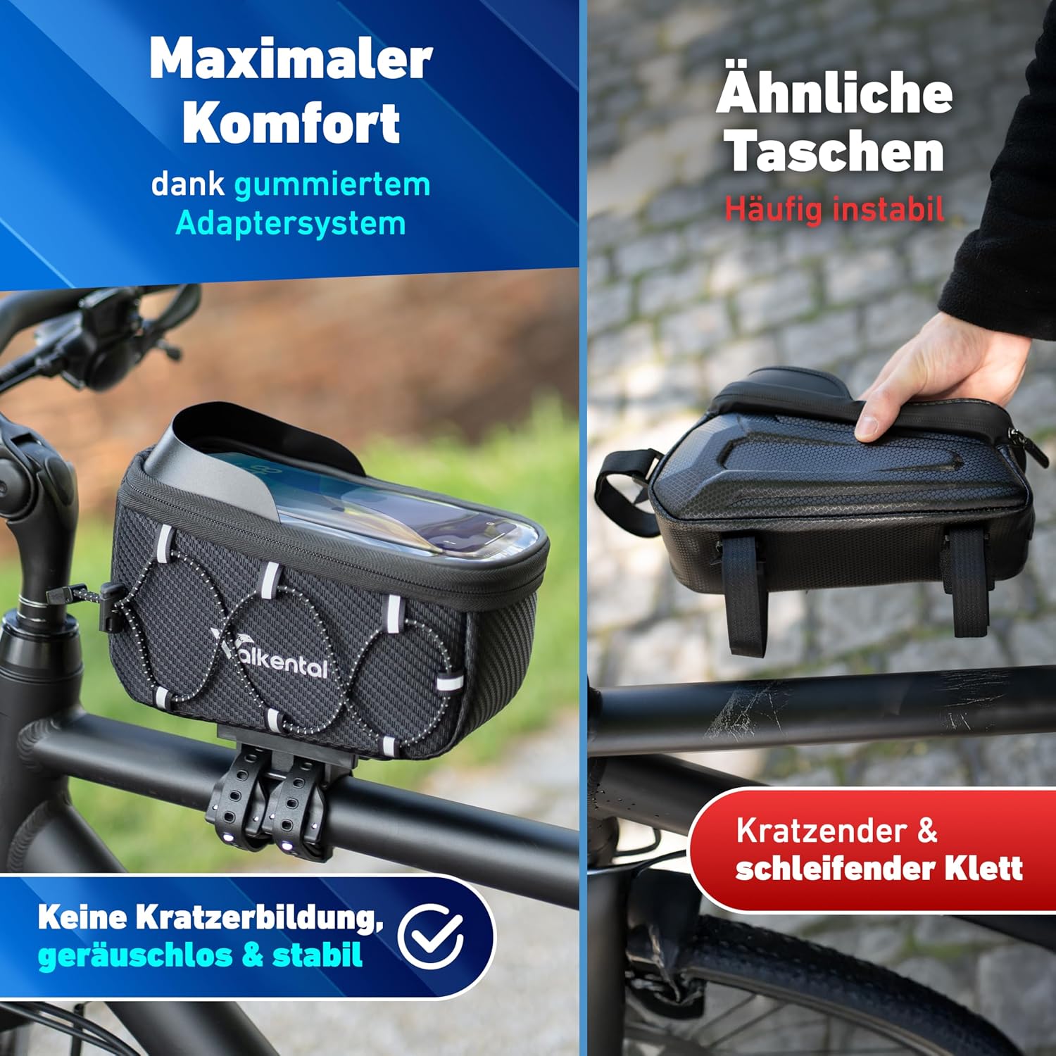 Detalle de Valkental Fahrrad Rahmentasche mit Schnellspanner – wasserdichte Oberrohrtasche für Ebike, Rennrad & MTB