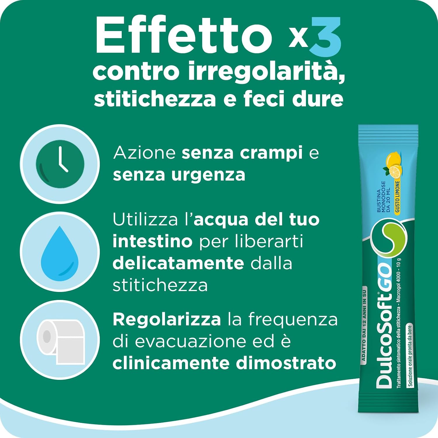 Detalle de DulcoSoft GO Lassativo Delicato con Macrogol 4000 – Stick 20, gusto limone