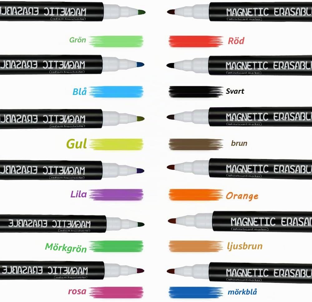 Detalle de OFFCUP magnetiska whiteboardpennor, 16-pack i flera färger med radergummi