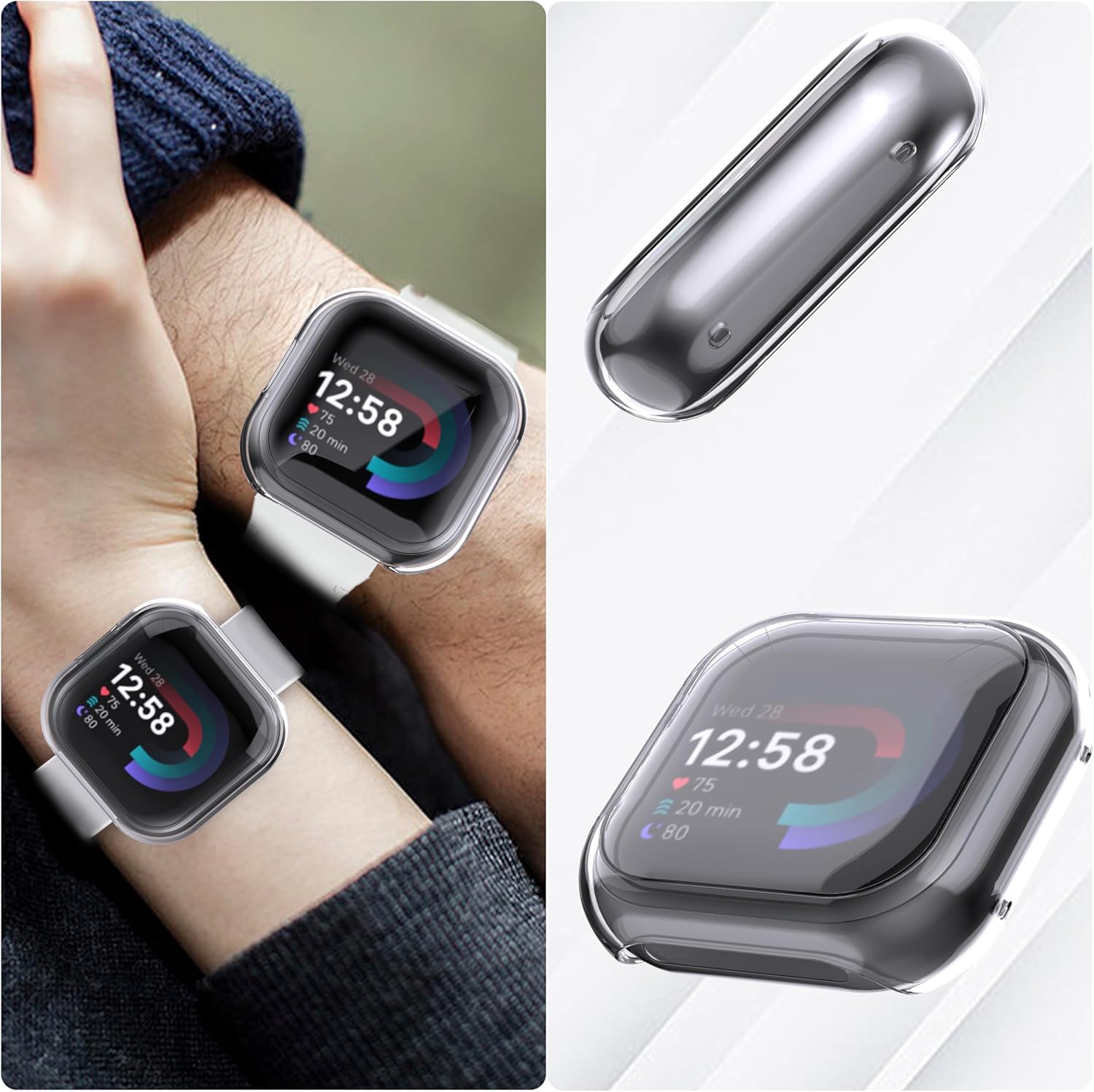 Thumbnail 6 de WFTE 2-pack case for Fitbit Versa 4 / Sense 2 with tempered glass screen protector (Black & Clear)