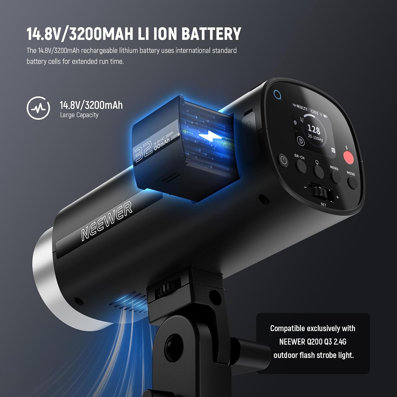 Detalle 2 de NEEWER Q200 : batterie de remplacement Li-Ion 14,8V 3200mAh pour flash extérieur 200Ws 2,4G