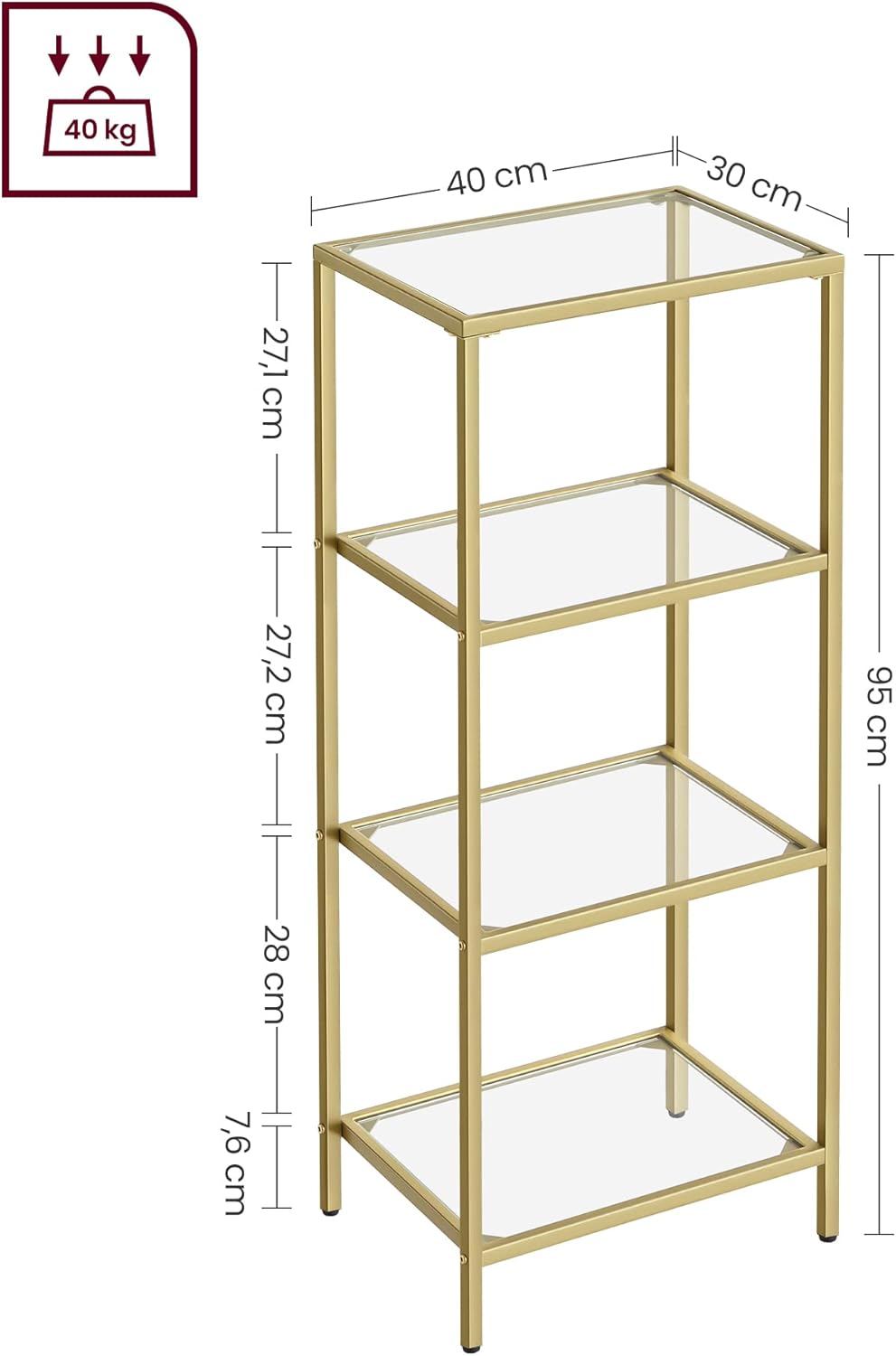 Thumbnail 2 de VASAGLE Scaffale in Vetro a 4 Ripiani, dorato, Temperato 4 mm, 40 x 30 x 95 cm