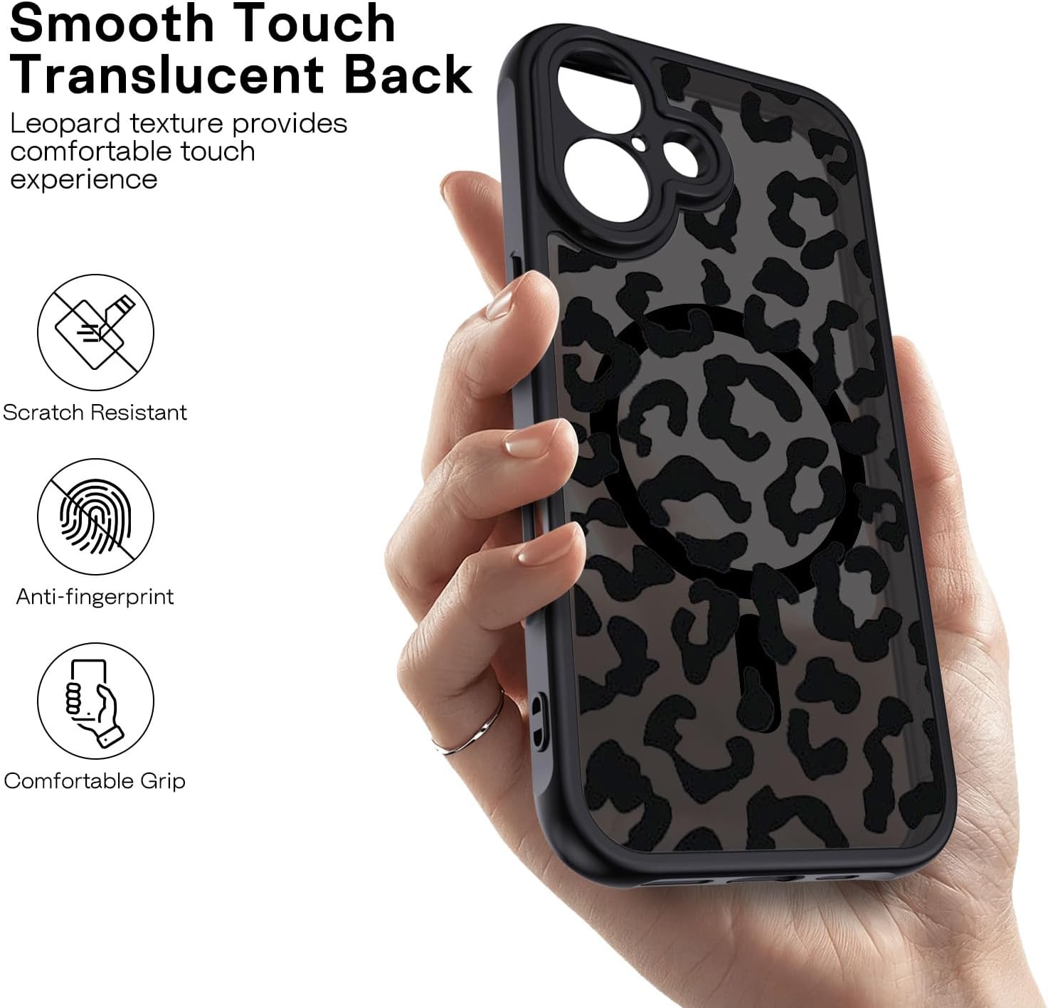 Thumbnail 4 de Coque magnétique XTCASE pour iPhone 16 compatible MagSafe – motif léopard noir, dos translucide mat