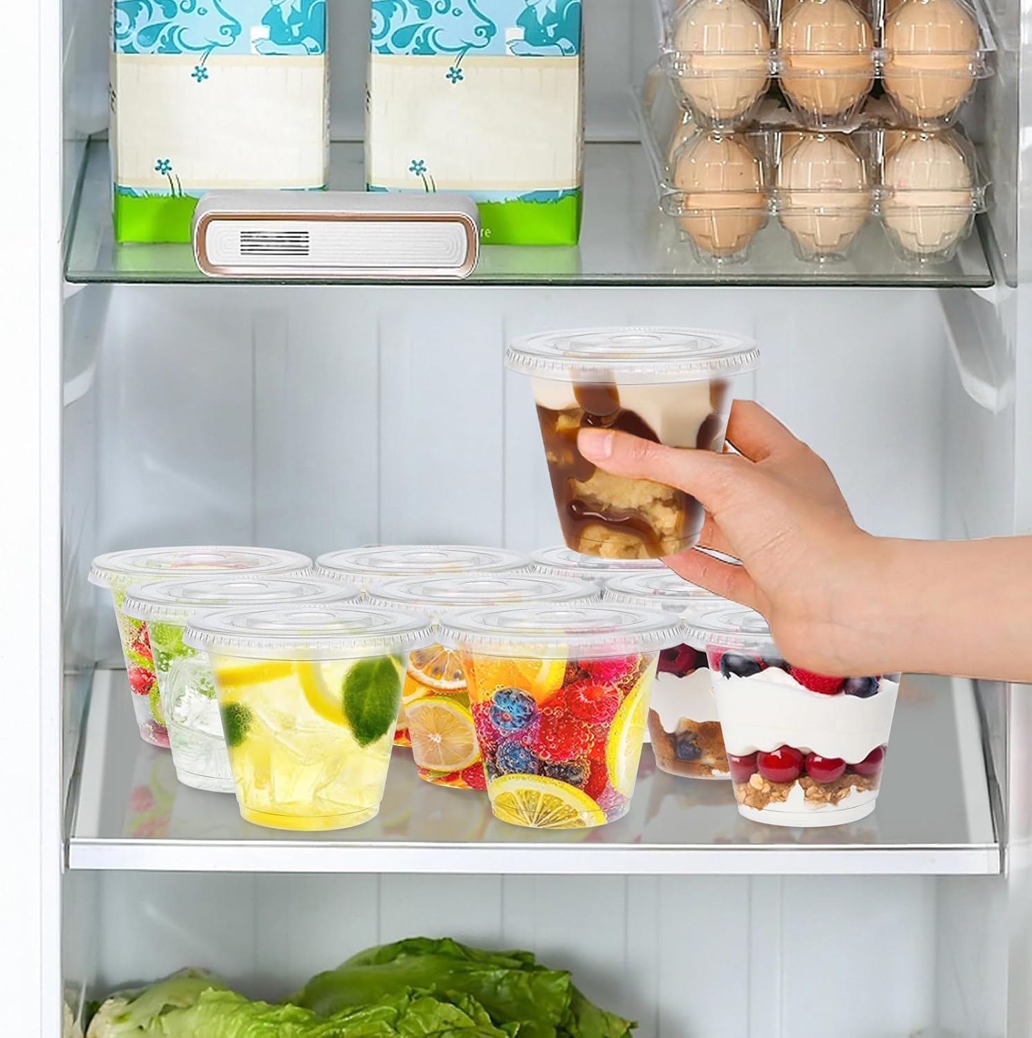 Thumbnail 3 de BYSNOW 9 oz Clear Plastic Cups with Flat Lids (100 Pack) — Leak-Proof, Stackable Dessert Cups