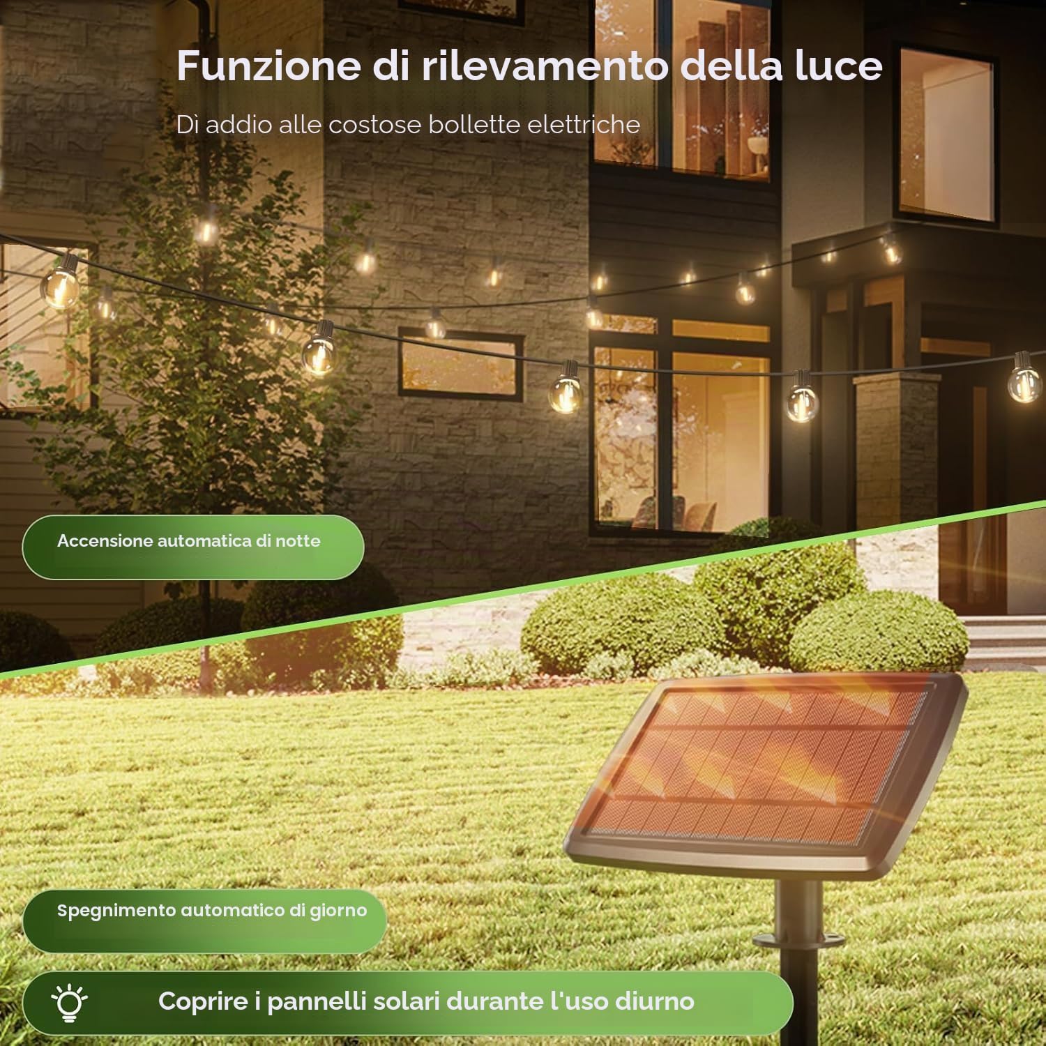 Detalle 2 de Svater Luci Solari da Giardino G40 30m – Festoni Solari Impermeabili con 50 LED e 4 modalità