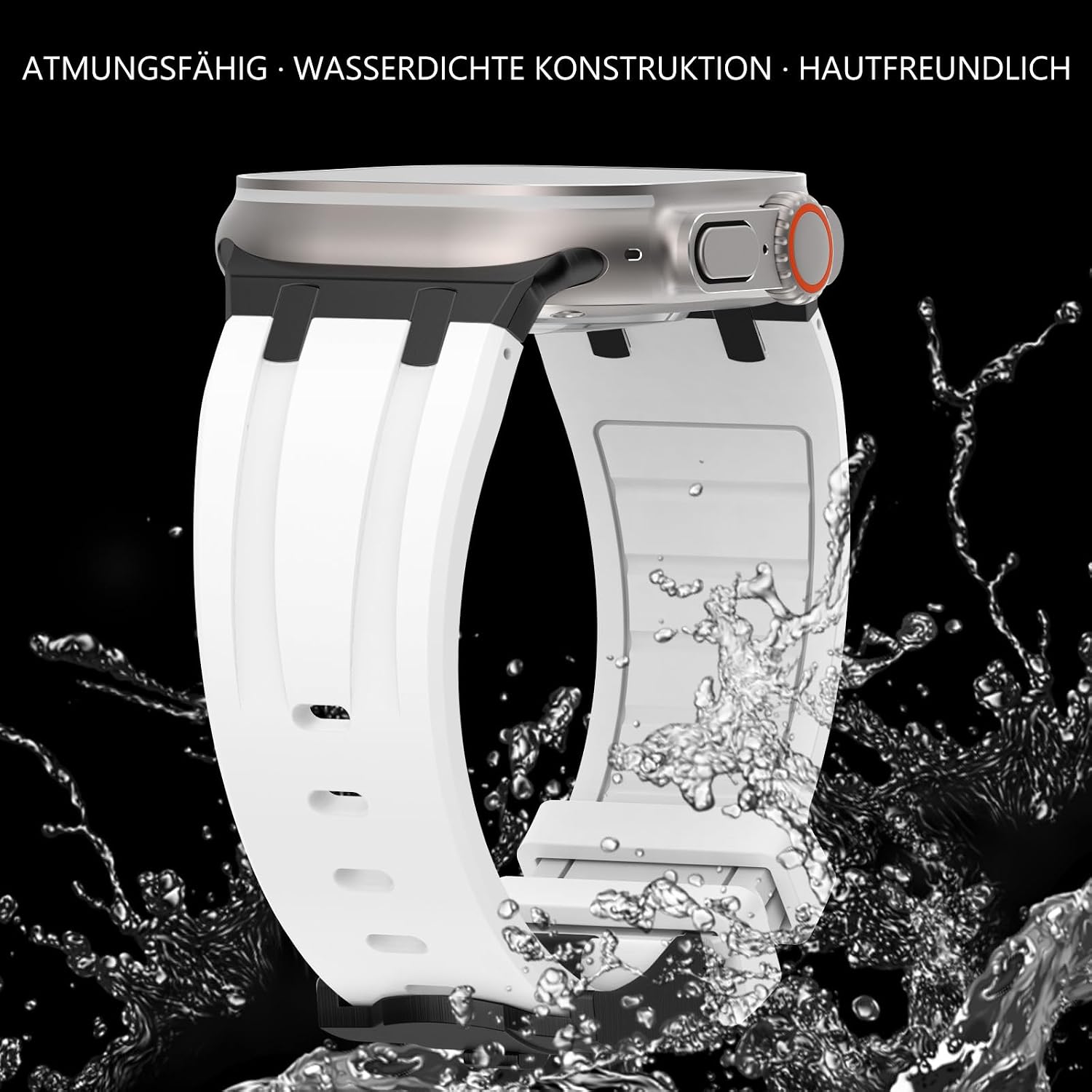 Detalle 2 de NewWays Silicone Strap with Stainless Steel Connector for Apple Watch (42mm/41mm/40mm/38mm) – White/Black