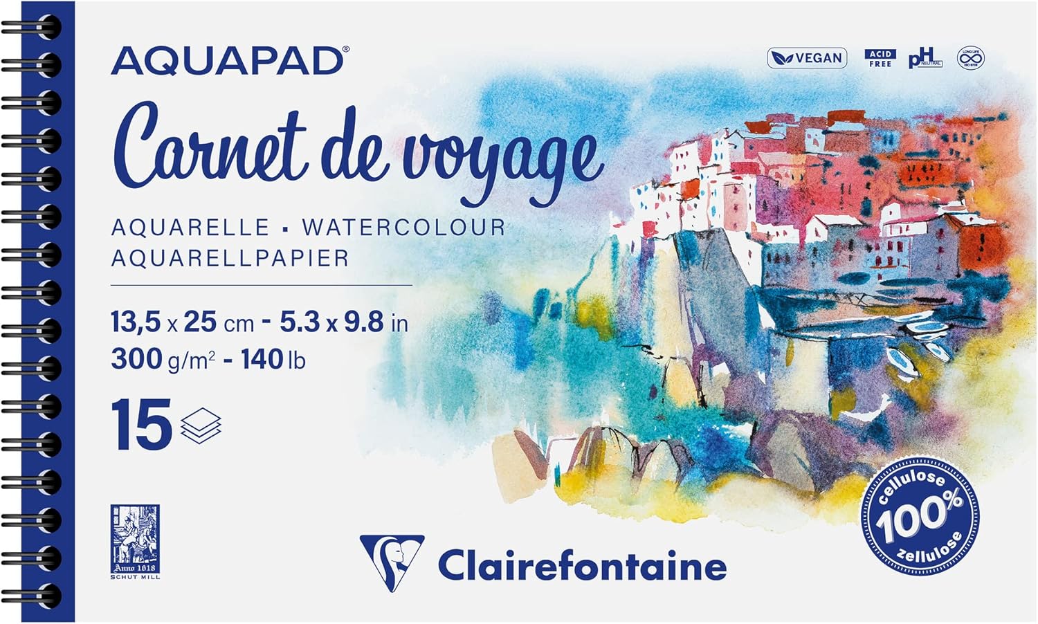Detalle de Clairefontaine 975959C Carnet de Voyage Spiralé Aquapad 17x27 cm – 25 feuilles 300 g
