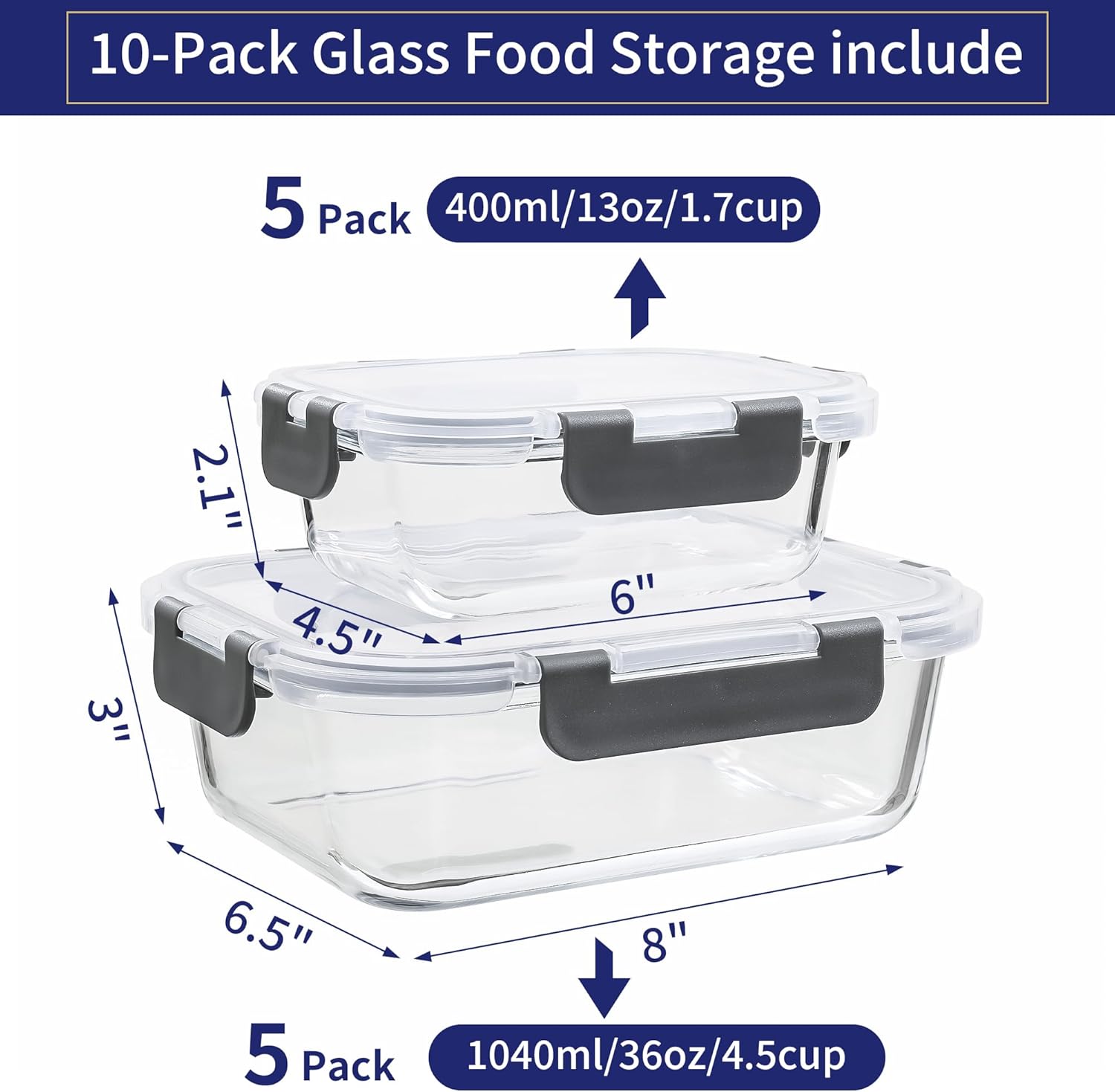 Detalle 2 de MFY 10 Pack Glass Food Storage 1040 ml 🍽