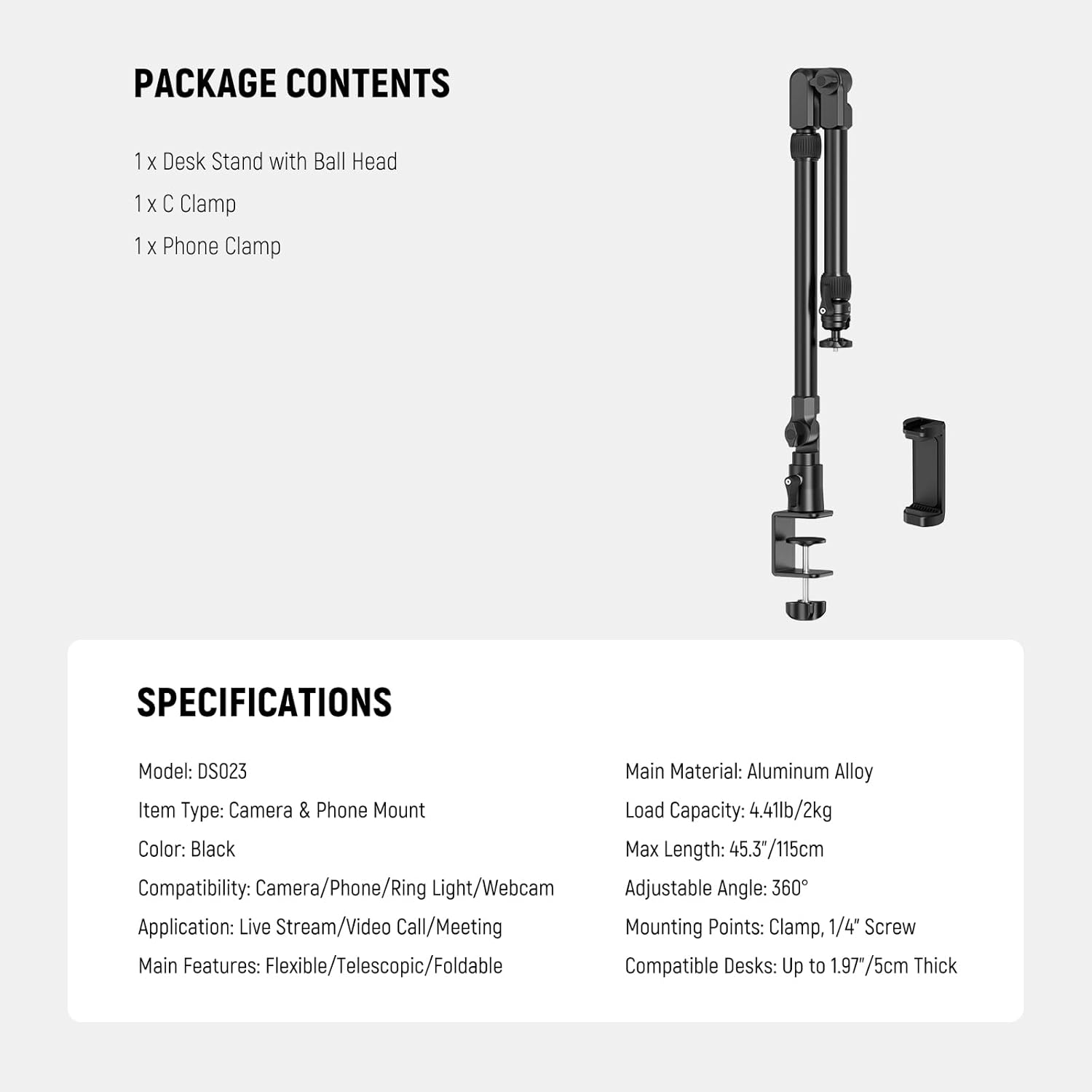 Thumbnail 6 de NEEWER DS023 45.5" Overhead Camera Desk Stand with 4-Section Magic Mic Boom Arm