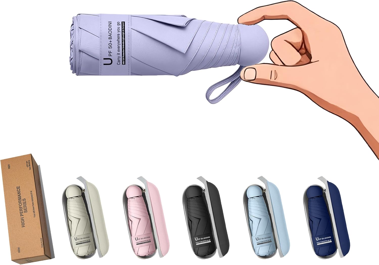 Detalle de BAODINI Reise-Mini-Regenschirm für die Geldbörse mit Etui – kompakter UV-Taschenschirm für Damen & Mädchen