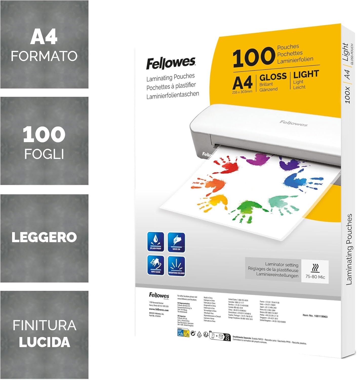 Thumbnail 1 de Fellowes Pouches per plastificazione A4 lucide (confezione da 100 fogli) – protezione e finitura trasparente per foto, avvisi e documenti