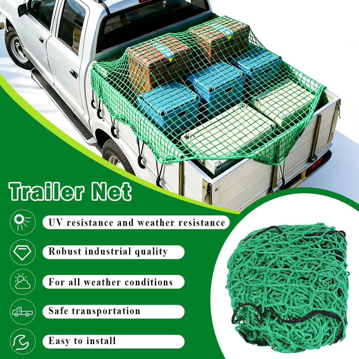 Thumbnail 3 de LUKYLUM Cargo Net for Pickup Truck 1.5x2.2m – Heavy-Duty Netting with 15 Hooks and 10m Elastic Rope