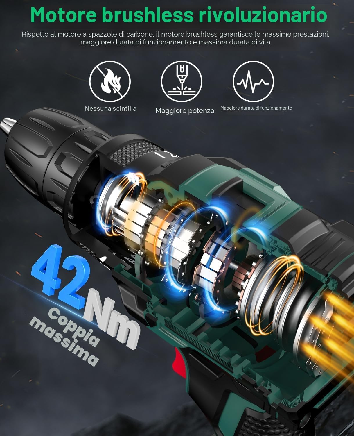 Detalle 2 de CEEIGOO Trapano Avvitatore Brushless 21V 42 N.m