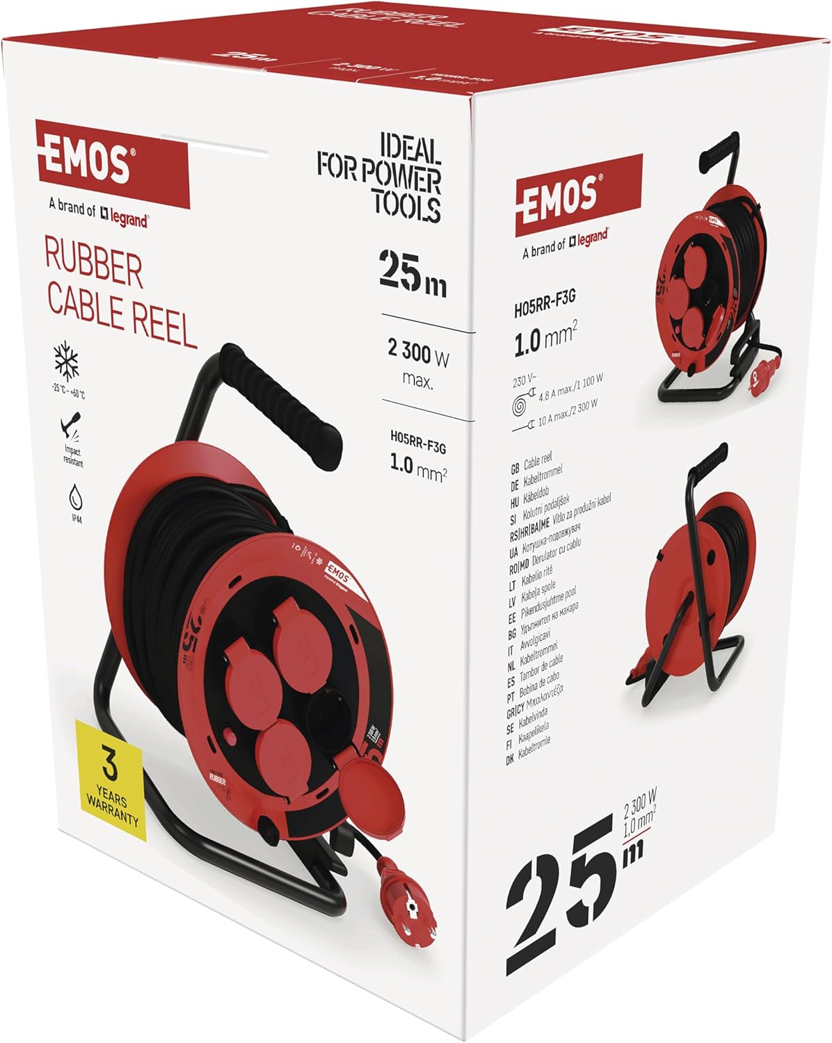 Detalle 2 de EMOS Kabeltrommel 25 m mit 4 Schuko-Steckdosen (IP44, -25 bis +60 °C, 2300 W)