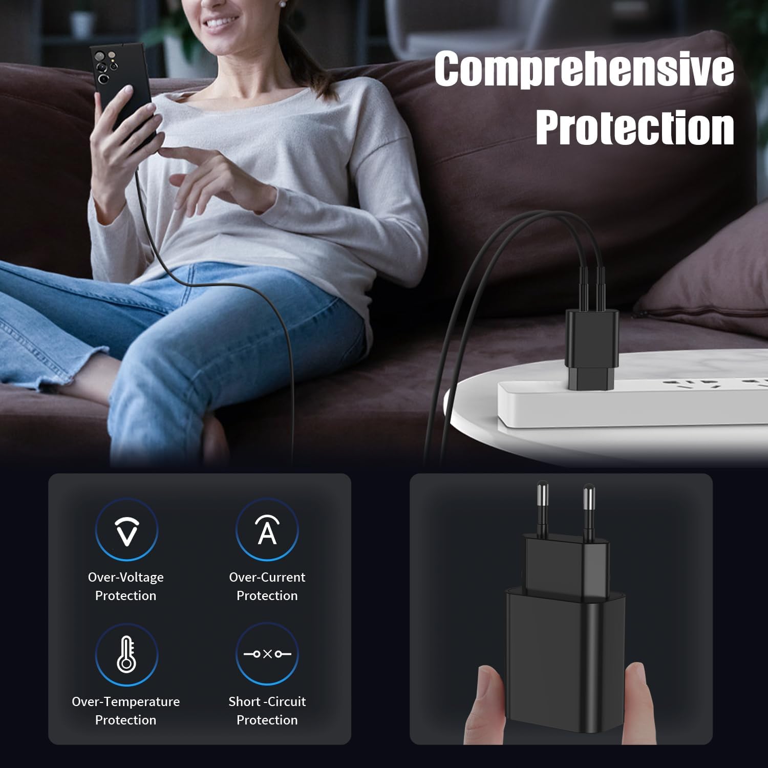 Detalle de 45W USB-C Schnellladegerät mit 2 Ports und Kabelset für Samsung Galaxy (S26/S25/S24/S23/Ultra) – Netzteil + 1m & 2m Kabel