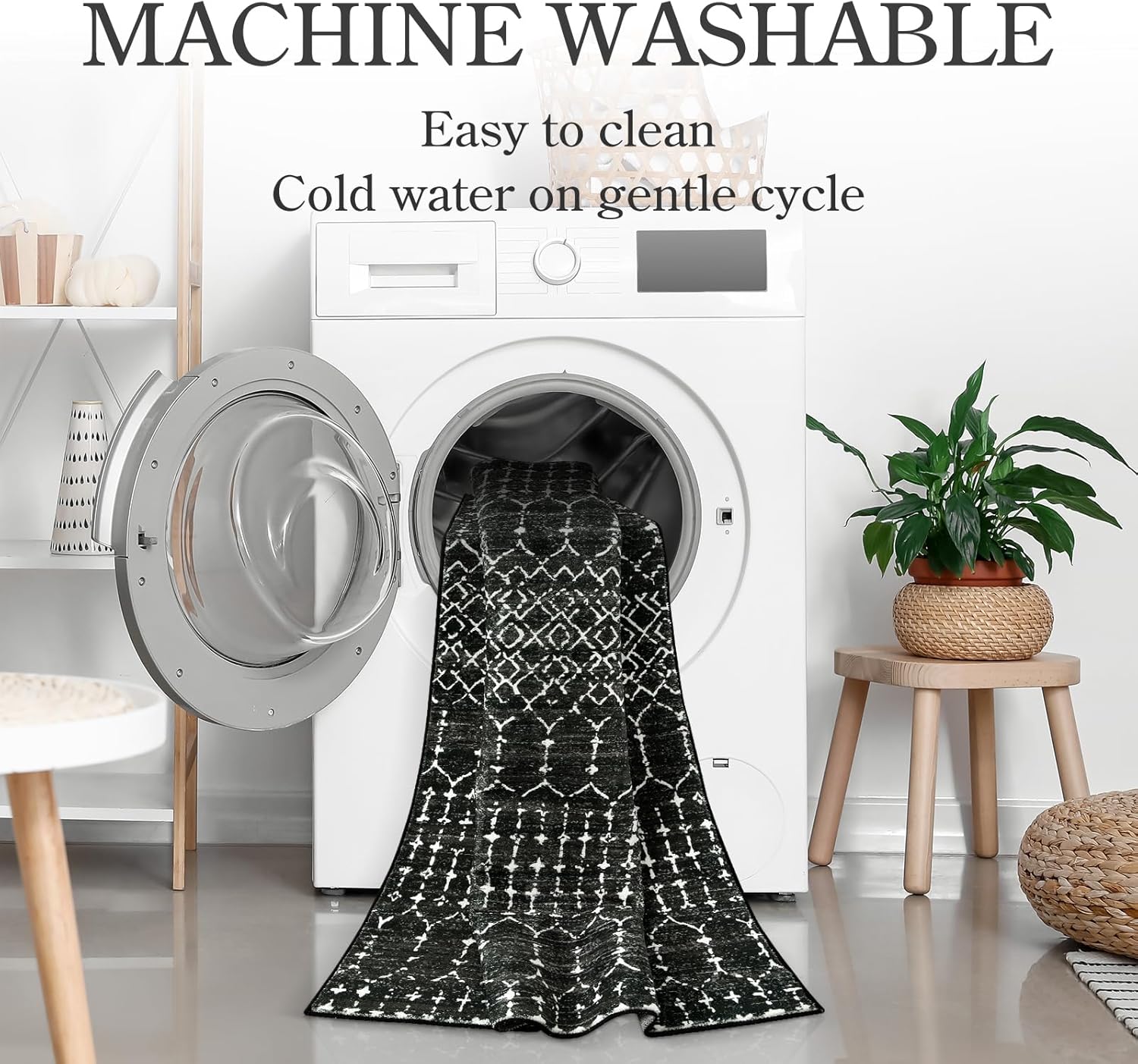 Detalle de Lahome Moroccan Black Long Runner: Ultra-Thin, Washable Non-Slip Hallway Rug (2'5" x 12')