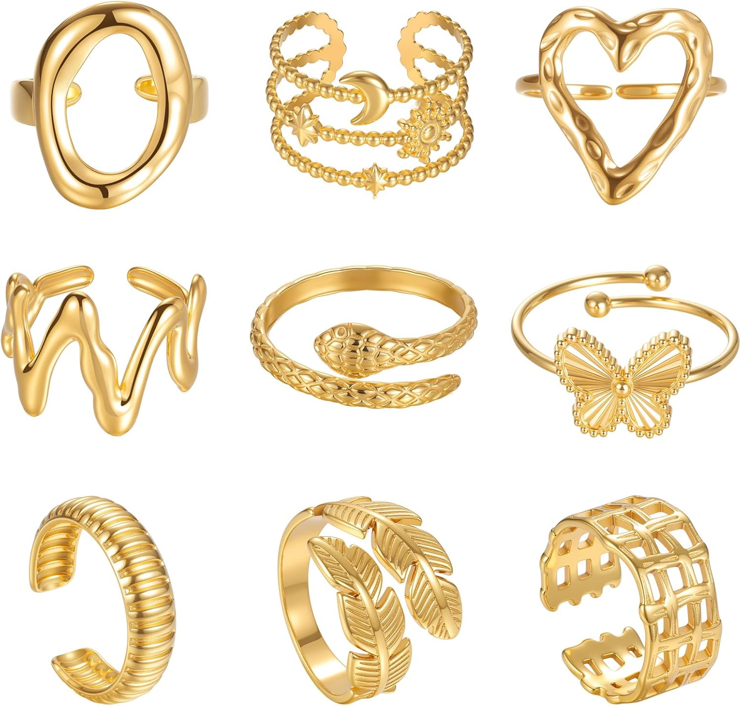 Detalle de TIZU 9-teiliges Damen-Ring-Set „Gold“ aus Edelstahl, 18K Goldplattierung, verstellbar & wasserfest