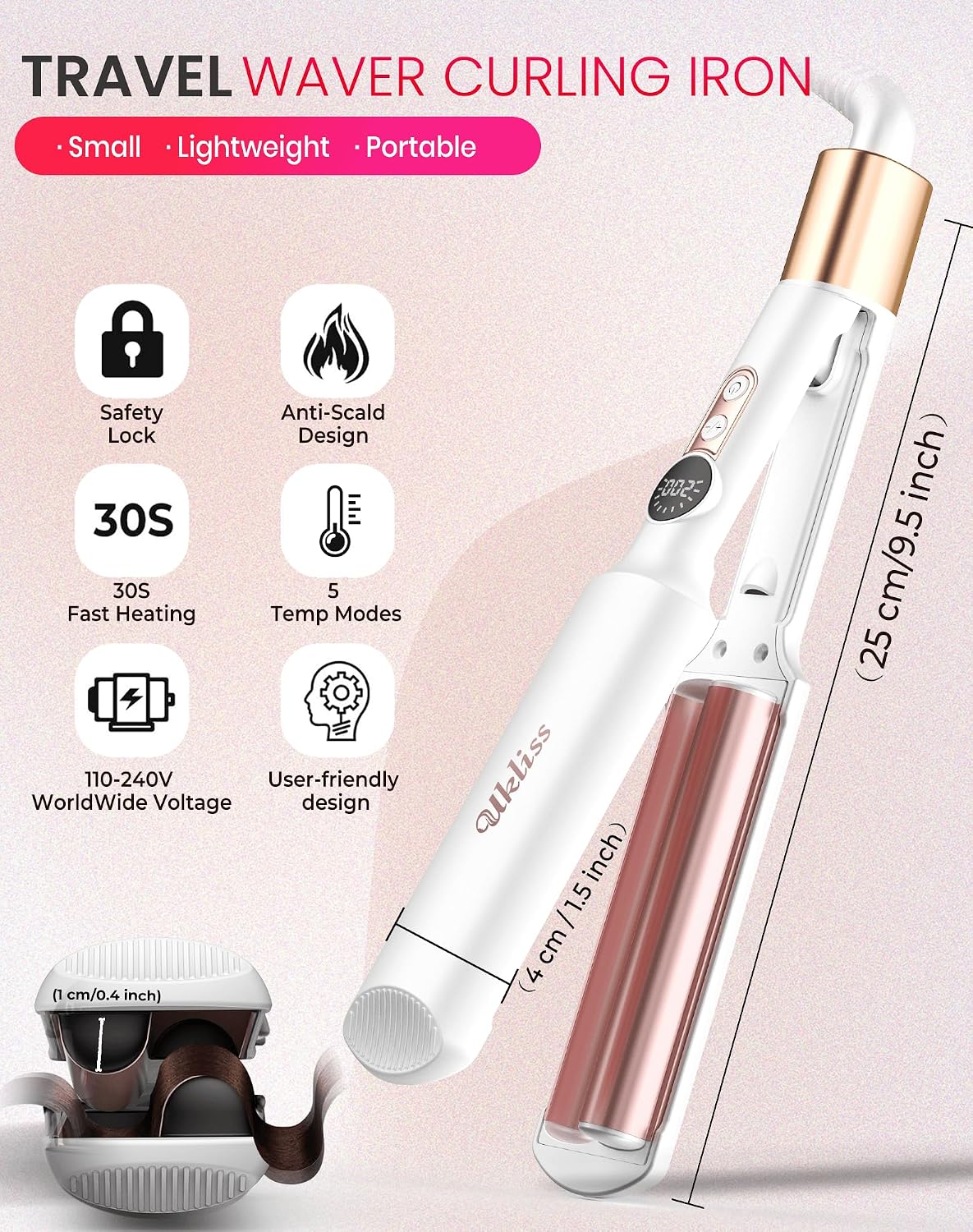 Detalle de UKLISS Welleneisen Pro Mini Mermaid Hair Waver mit LCD-Anzeige (120–210 °C) – Reisegröße