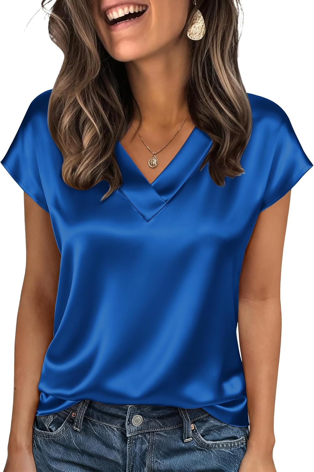 Thumbnail 4 de Zeagoo Women Silk Satin Tops Cap Short Sleeve Blouse V Neck – Business Casual Charm