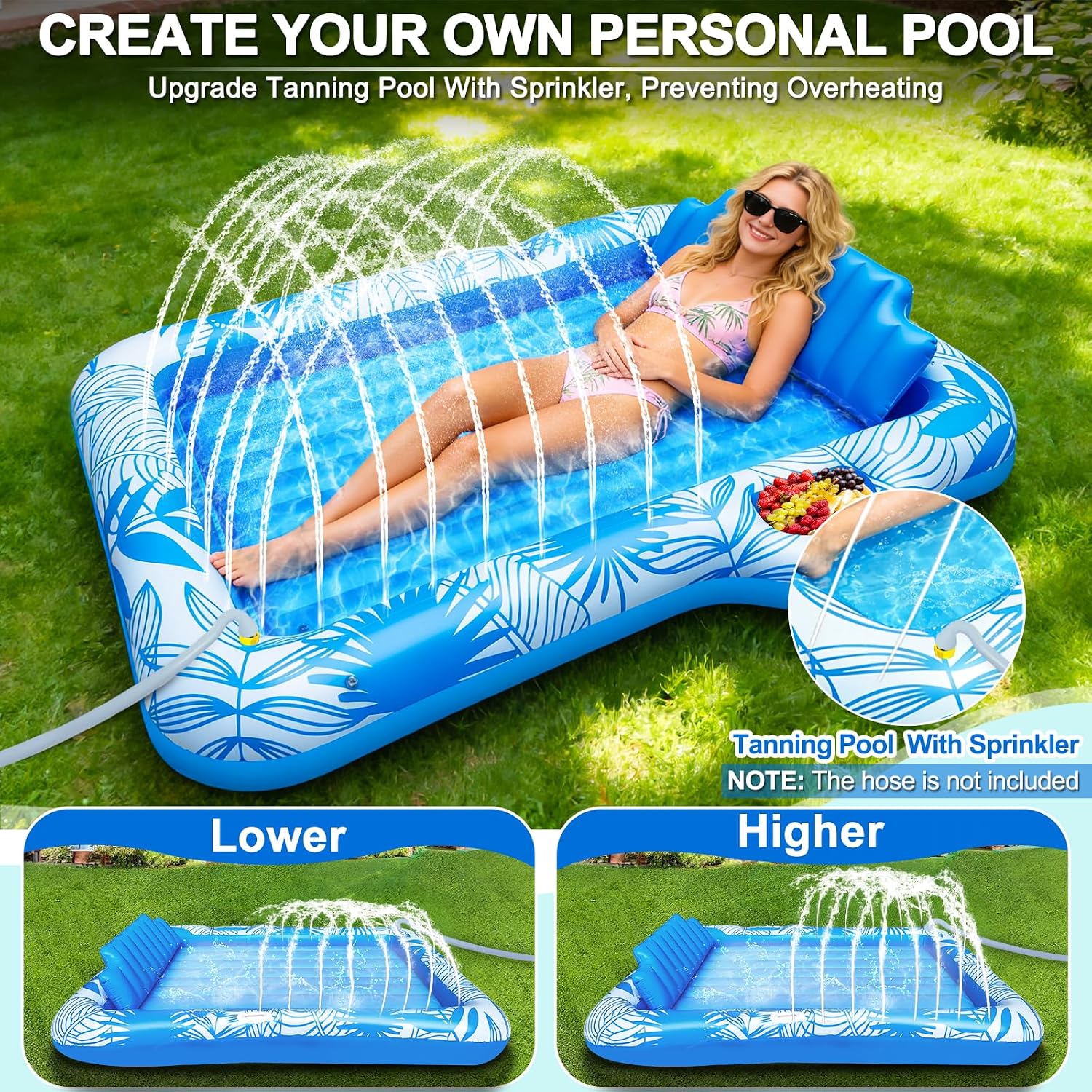 Detalle de TURNMEON Inflatable Tanning Pool Lounger Float with Sprinkler (78"x50") — Pink/Blue, 2-Person Beach & Pool Float with Cup & Food Tray
