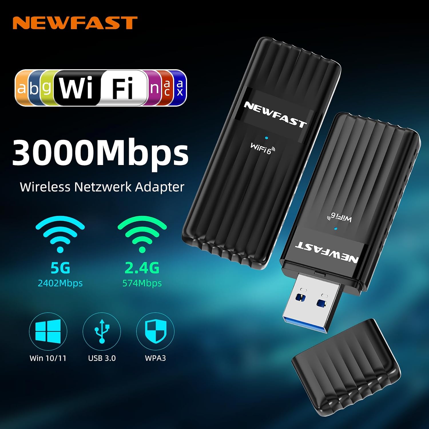 Detalle de NEWFAST USB 3.0 WLAN Stick für PC – 3000Mbps WiFi 6 Adapter, Dual‑Band, WPA3, MU‑MIMO, 5dBi Antennen, Windows 10/11